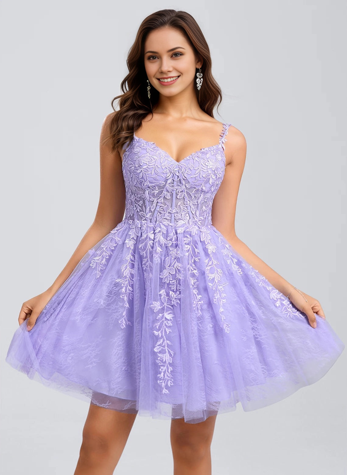 Vedress lavender purple floral applique lace v neck tulle a line mini homecoming dress front view
